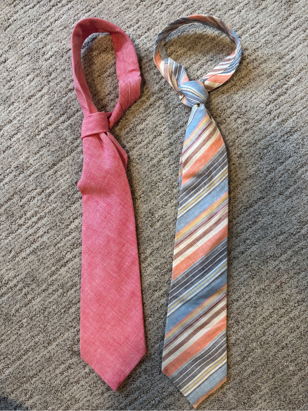 Two Vintage 70s Cotton Wide Neck Ties - Coral Red and Multicolor Striped